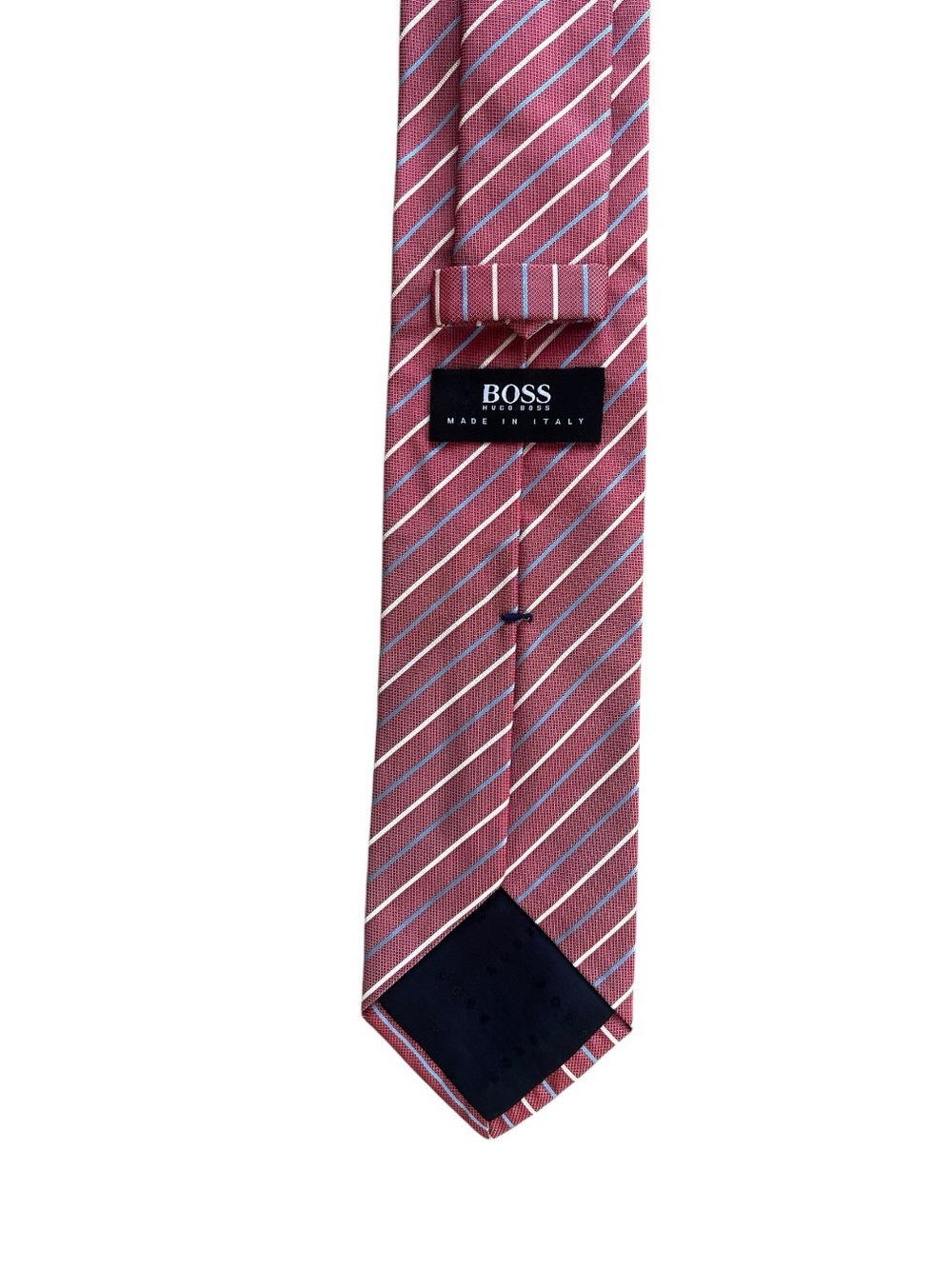 Hugo Boss Silk Necktie Red White Blue Diagonal Stripe Designer Tie Made Italy - Picture 2 of 4